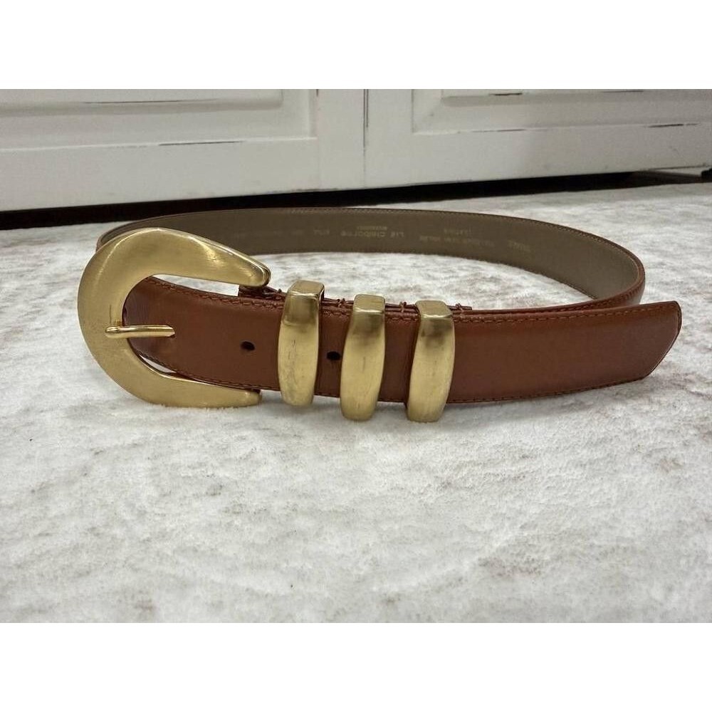 Vintage Liz Claiborne Brown Leather Statement Belt Small Gold Chunky Loops 80s